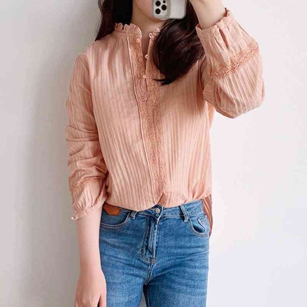 

spring solid ruffles o-neck blouse women sweet lace patchwork ladies shirt all-match soft long sleeve mujer 210514, White
