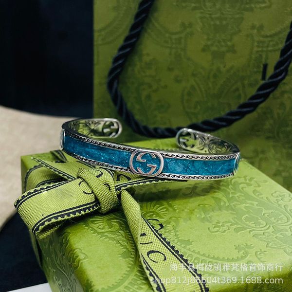 

2021 high-quality jewelry 70% off sale double green enamel bracelet 925 silver fashion brand pattern piping open bracelet for men and women, Black