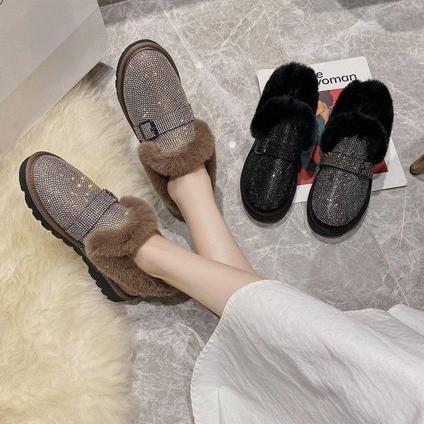 

rivet bling crystal ankle boots for women shoes woman warm plush snow flat thick bottom lace up winter plus size, Black