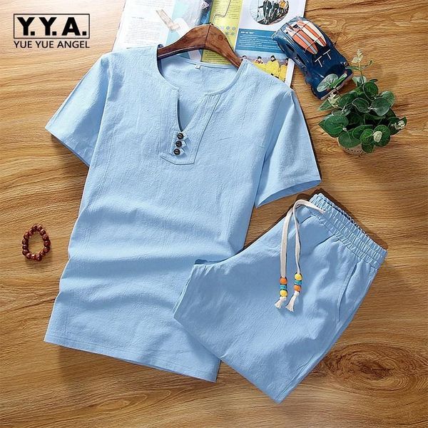 

arrival summer men sets cotton linen thin short sleeve t-shirt fashion plus size -5xl two piece shorts for men's tracksuits, Gray