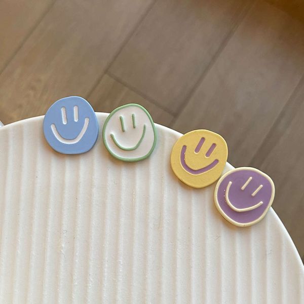 

earrings s925 silver needle every day candy color asymmetry smile face blue white contrast earrings 194, Golden