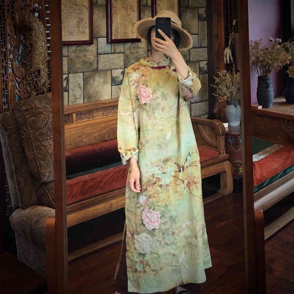 Johnature Frauen Ramie Kleid Frühling Stand Print Floral Roben Chinesischen Stil Frauen Tücher Vintage Cheongsam Grünes Kleid 210521