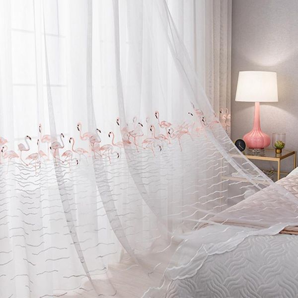 

pink flamingo embroidery white tulle curtain nordic ins style voile for living room bedroom window screen panel sheer zh066h & drapes