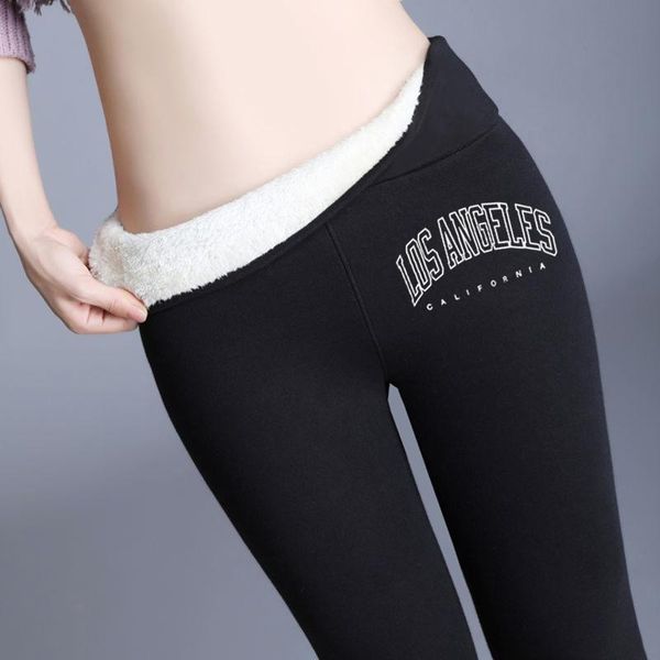 

women's leggings 2021 warm leggins winter thick velvet women high elastic casual thermal pants los angeles print trousers, Black