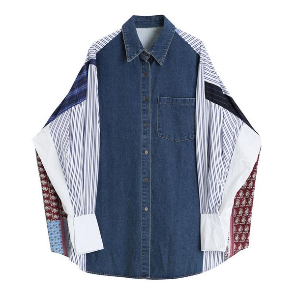 

women's polos 2021 autumn splicing denim vintage fashion shirt port style loose long sleeve, White