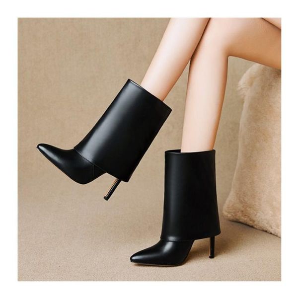

boots genuine leather autumn and winter european american fashion pointed high heel women's shoes one-step ankle boots34-42, Black