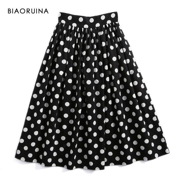 

skirts biaoruina women's vintage polka dot printing contrast color high waist mid-calf a-line skirt side zipper 2021 spring arrival, Black