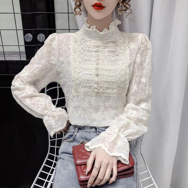 

women's blouses & shirts lace blouse casual o-neck girl's shirt summer long sleeve fashion korean office lady blusas houthion, White