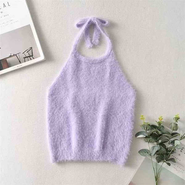 

sweet women o neck lace vest summer fashion ladies high street female purple backless short slim 210515, White
