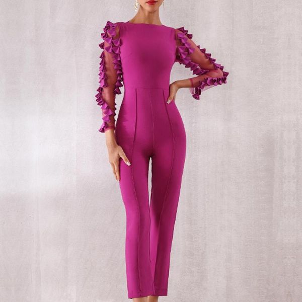 

women's jumpsuits & rompers summer celebrity party bodycon bandage jumpsuit women long sleeve o-neck nightclub full length, Black;white
