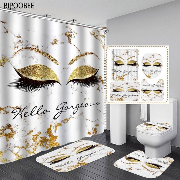 

shower curtains gold eyelash printed bathroom curtain flannel toilet lid cover anti-slip soft carpet fashion fabric bath mats set