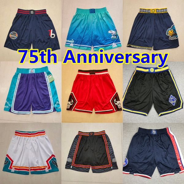 

75th anniversary basketball short retro shorts sport wear hip pop with pocket zipper casual sweatpants baseball pant breathable stitched tra, Black