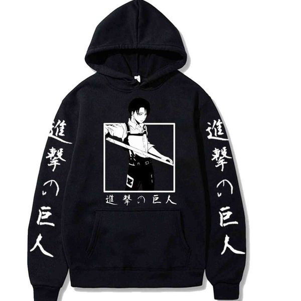 Hip Hop Hooded Hot Anime Felpa con cappuccio Attacco su Titan Manica Lunga Felpe uomo Donne Streetwear Autunno Boys Black Unisex Pullover Y1109