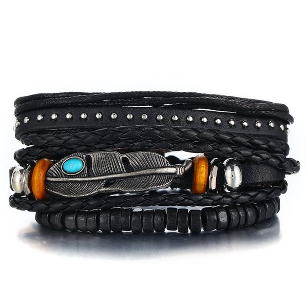 

black men's leather bracelet creative feather inlaid turquoise bracelet set
