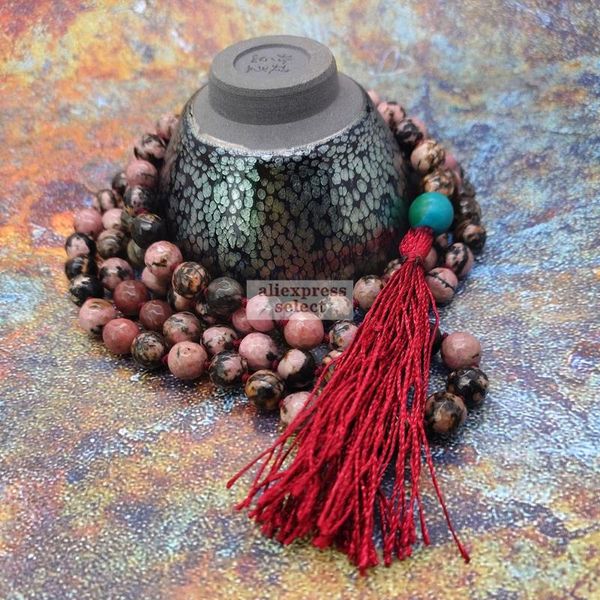 

link, chain 108 beads mala 8mm rhodonite tassel necklace knotted yoga bohemia meditation dropship, Black