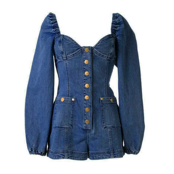 

perhaps u solid blue pocket slash neck denim off the shoulder rompers long sleeve summer j0136 210529, Black;white