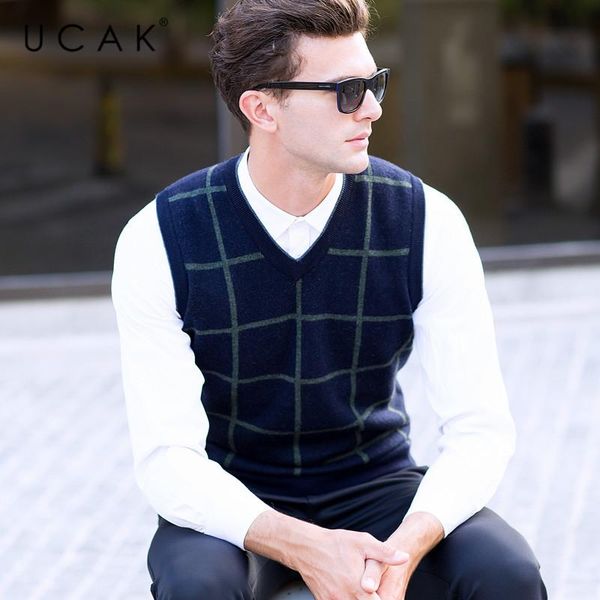 

men's vests ucak brand pure merino wool sweater vest men 2021 autumn winter pull homme v-neck casual streetwear striped warm u3101, Black;white