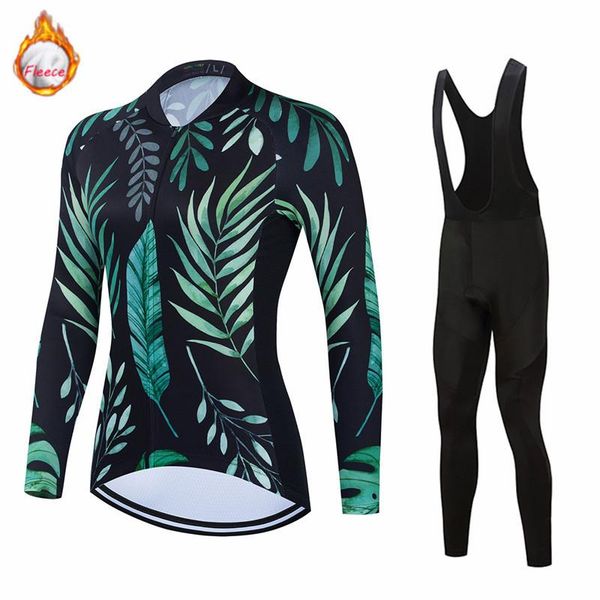 

racing sets 2021 women cycling jersey long sleeve set winter clothing road bike mujer warm shirt thermal fleece bicycle wear, Black;blue