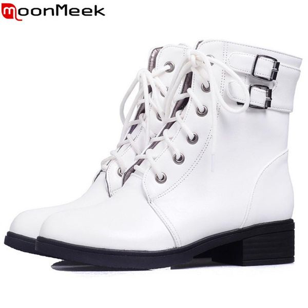 

boots moonmeek big size 34-43 fashion ankle for women round toe lace up autumn winter med heels shoes, Black