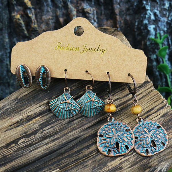 

popular three piece shell seaside holiday leaves starfish earrings, Black