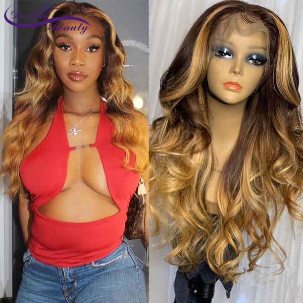 

lace wigs highlight wig honey blonde colored human hair 13x4 ombre wavy front dream beauty, Black;brown