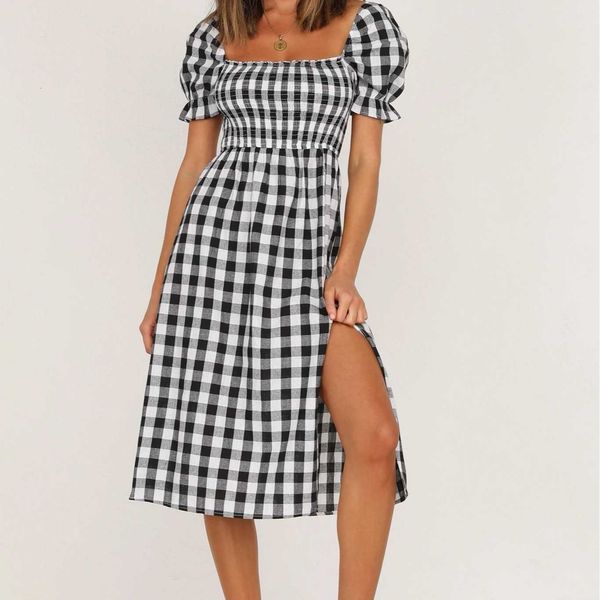 

casual dresses short sleeve plaid midi woman dress 2021 summer side split black for women robe femme 466g, Black;gray