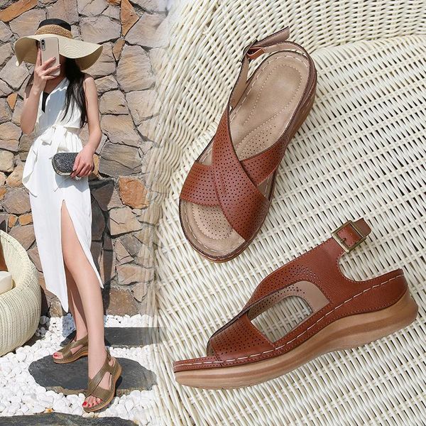 

sandals ladies open toe sewing shoes women buckle wedge female casual beach light woman comfort pu leather mom shoe 8cdc, Black