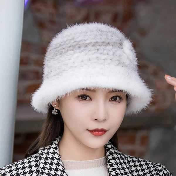 

wide brim hats knitted beanies hat thick women fashion warm natural caps with flower outdoor 2021 bucket winter real, Blue;gray