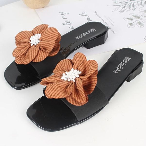 

slippers shoes women beach summer elegant high heel strange style slipper ladies flowers stripe printed sandale ete femme#0316, Black