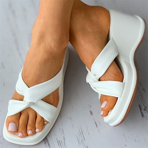 

summer women casual slippers platform wedge solid cross strap upper thick sole outdoor beach slides trend sandals ladies shoes 210619, Black