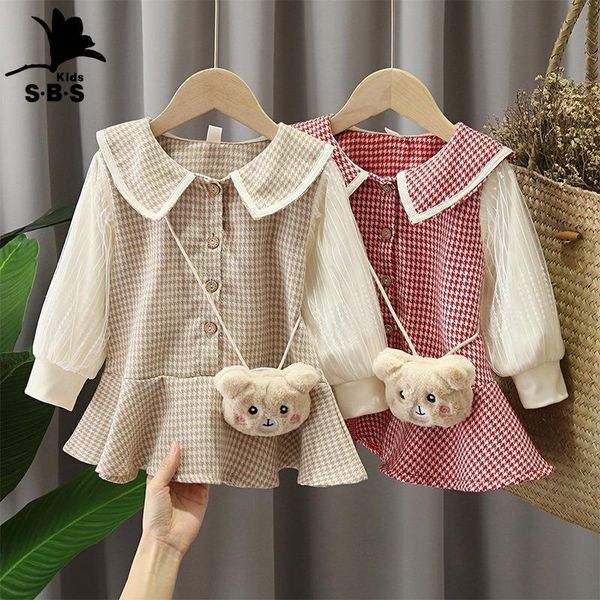 

girls spring fashion casual dress 2021 children long-sleeved plaid princess with bear decoration pendant girl's dresses, Red;yellow