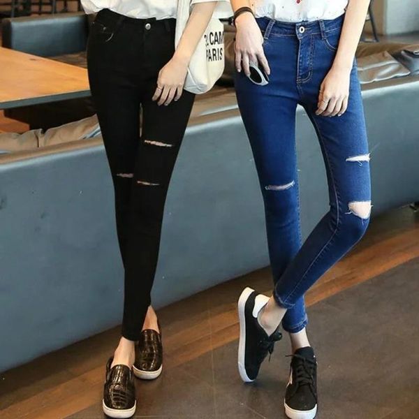 

black high waist hole vintage womens jeans girls slim ripped denim pencil pants, Blue