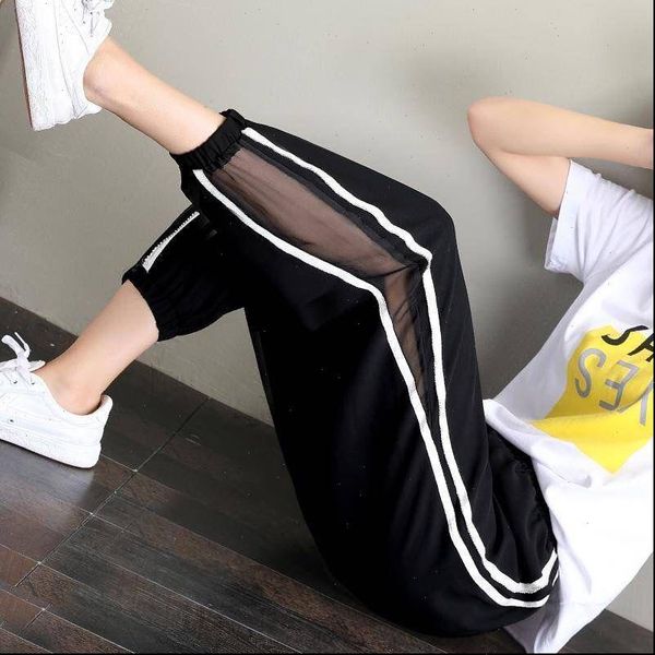 

summer mesh korea womens pants high waist thin casual baggy harem women plus size trousers pantalones, Black;white