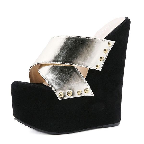 

dress shoes high heels wedges color blocking rivet women sandals open toe gold cross strap waterproof street plus size, Black