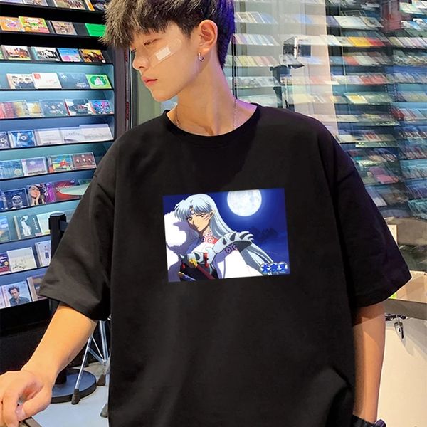 

harajuku men's anime inuyasha sesshoumaru print t-shirt fashion summer short sleeve tees hip hop cartoon t shirt men, White;black
