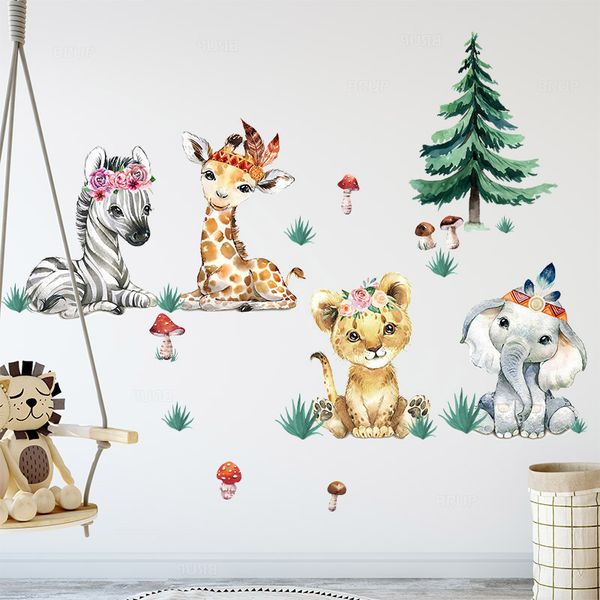 Aquarellaufkleber Cartoon Afrika Tiere Grasland Wand für Kinder Baby Kinderzimmer Raumdekoration Elefant Giraffe Aufkleber
