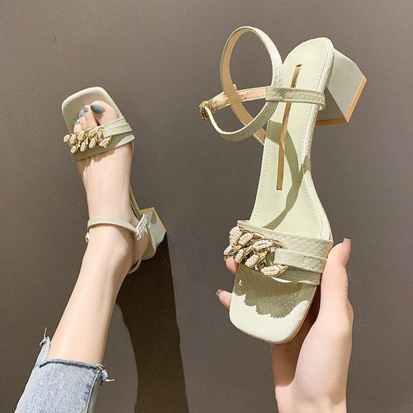 

sandals low woman leather shoes lady 2021 suit female beige block heels open toe buckle strap low-heeled fashion black summe
