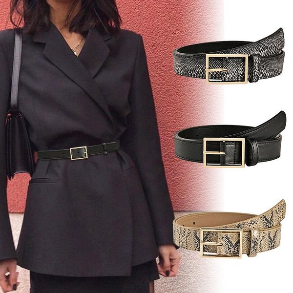 

belts gold buckle jeans for women pu leather all-match ladies dress belt snake pattern beige black waist waistband, Black;brown