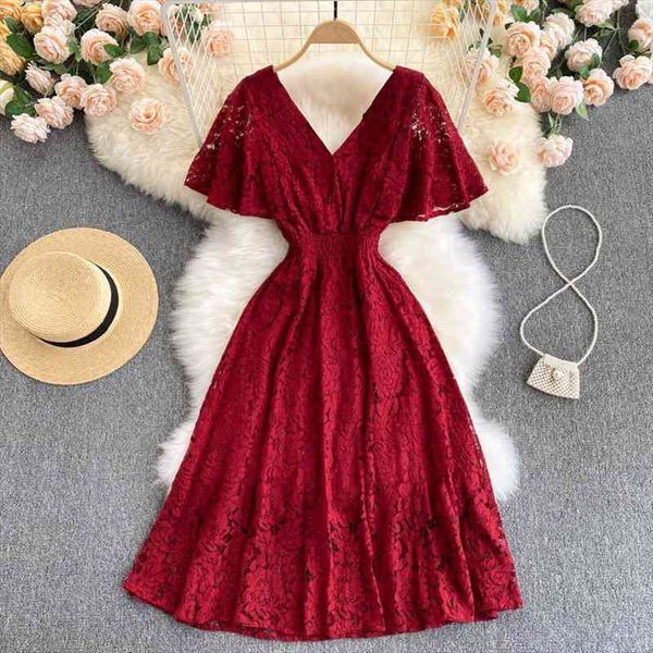 

summer red blue yellow lace dress women v-neck short sleeve high waist a-line vestidos female elegant vacation beach robe, Black;gray