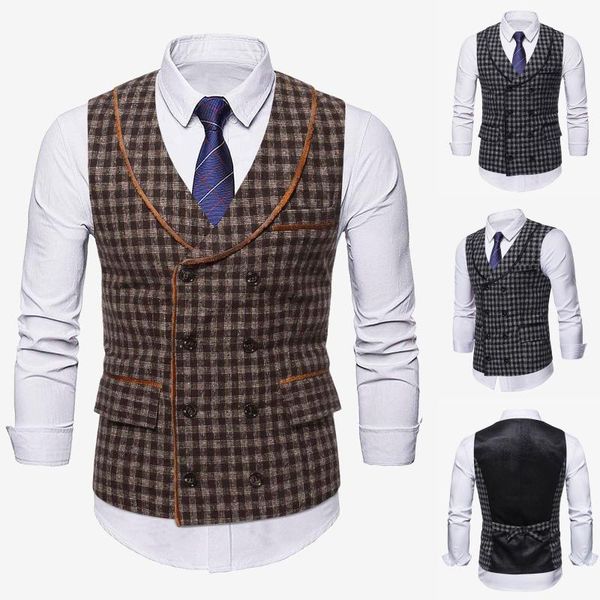 

men's vests plaid double-breasted shawl collar vest casual double breasted sleeveless pocket suit, Black;white