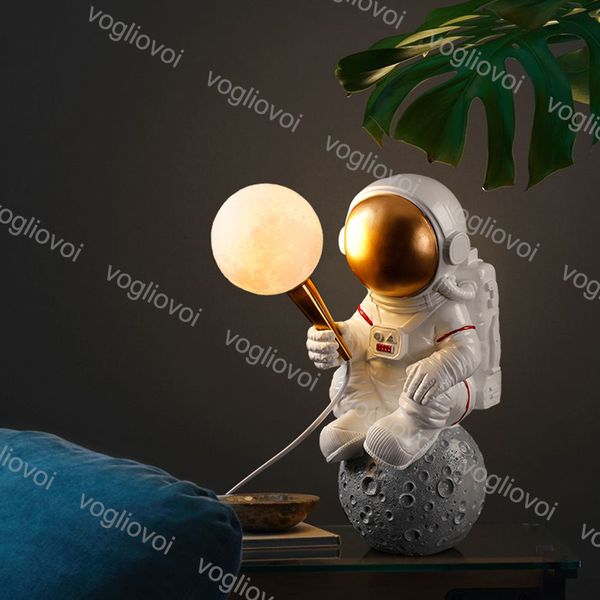 

table lamp cartoon astronaut resin + pla ac220v eu us plug three color indoor lighting for children's room bedroom bedside dhl