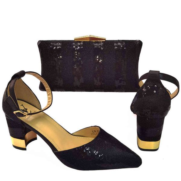 

21 summer pointed high heels with sequin handbag french buckle thick heel small bag, Black