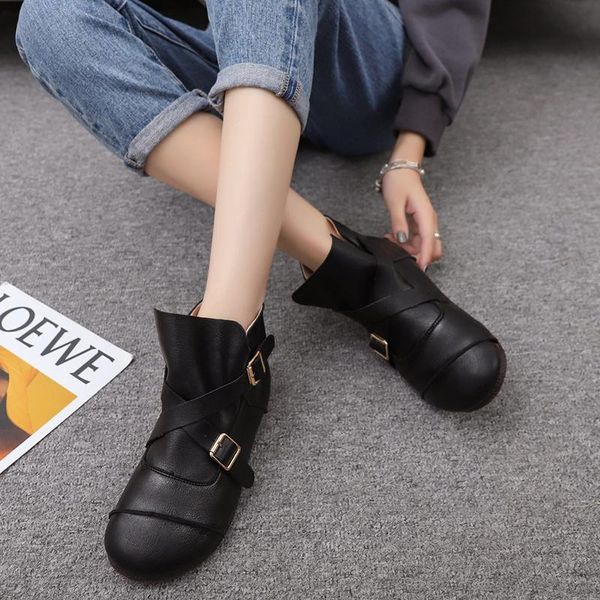 

boots woman drop pu leather ankle women casual vintage buckle flat cowboy shoes soft sole short botas mujer winter, Black