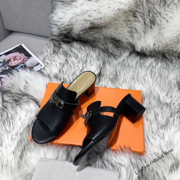 

slippers women buckles natural leather peep toe slides summer outdoor sandals square high heels ladies size 35-44, Black