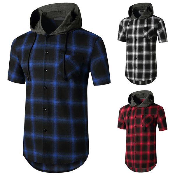 

men's shirts short sleeve shirt loose hoodie plaid casual, White;black
