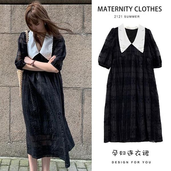 

summer maternity dress ladies contrast lace v-neck long plus size dresses, White