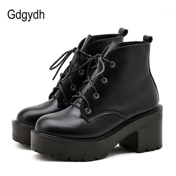 

boots gdgydh high heels female women shoes lace up punk rock ankle platform block heel comfort vintage style size 401, Black