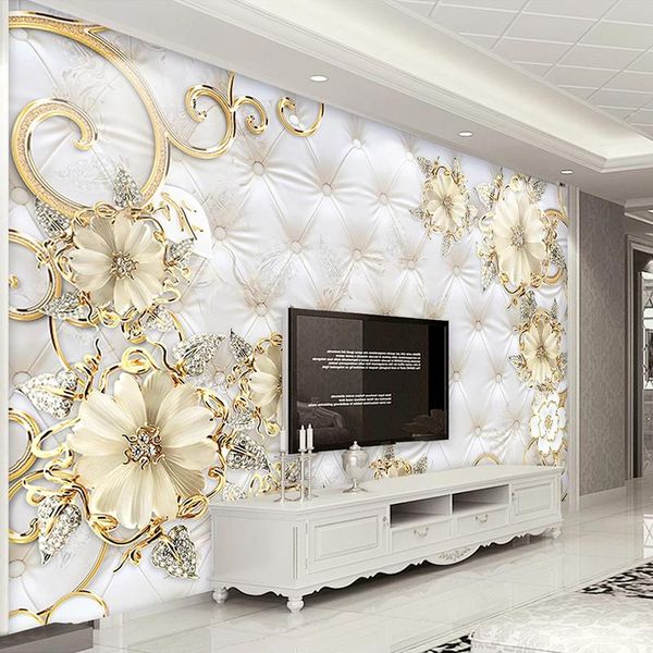 

wallpapers european style 3d jewelry flower soft bag mural luxury living room sofa tv background imitation leather pattern wallpaper murals