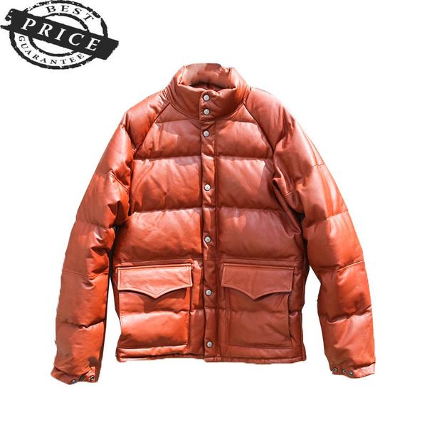 

men's leather & faux genuine warm mens sd570 super ykk zipper goat 20% duck feather thick down jacket, Black