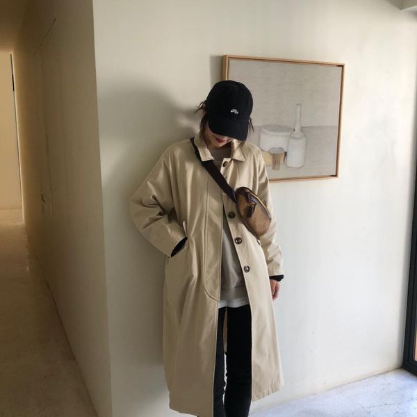 

women's trench coats apricot coat medium and long knee length windbreaker korean 2021 autumn loose work trend, Tan;black